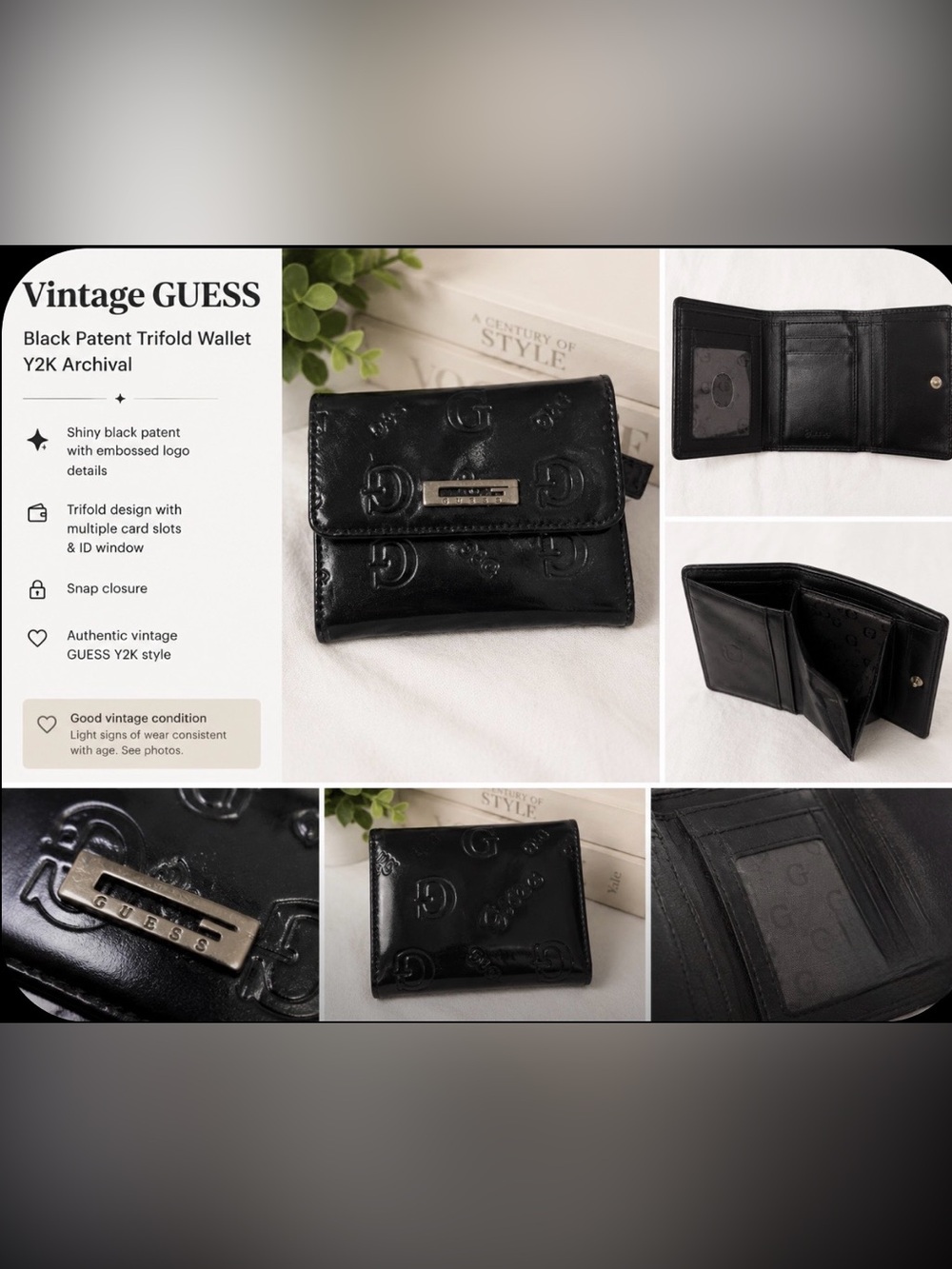 Vintage GUESS Black Patent Trifold Wallet Y2K Archival